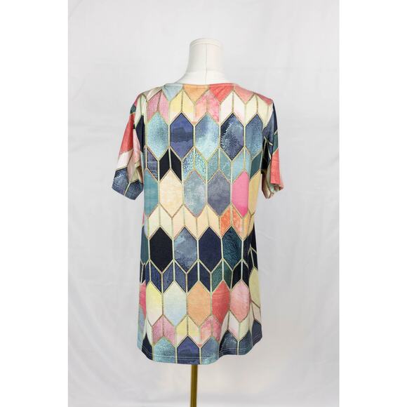 Womens Large Blouse Zipper Neckline Geometric Pattern Blue Yellow - Picture 3 of 4